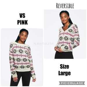 VS PINK White Fair Isle Holiday Snowflake Reversible V-Neck Sweater Large NEW